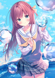 Rule 34 | 1girl, blue eyes, blush, brown hair, bubble, closed mouth, commentary request, crying, crying with eyes open, day, floating hair, grey skirt, gyozanuko, hair between eyes, hair ribbon, hand up, highres, horizon, long hair, long sleeves, neckerchief, original, outdoors, plaid, plaid skirt, pleated skirt, ribbon, sailor collar, school uniform, serafuku, shirt, skirt, smile, solo, sweater vest, tears, very long hair, water, white sailor collar, white shirt, yellow neckerchief, yellow ribbon