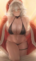 Rule 34 | 1girl, absurdres, backlighting, bad id, bad twitter id, bare shoulders, bikini, black bikini, breasts, choker, christmas, cleavage, collarbone, commentary, fate/grand order, fate (series), free style (yohan1754), fur trim, groin, hair between eyes, halterneck, hat, highres, holding, jeanne d&#039;arc (fate), jeanne d&#039;arc alter (avenger) (fate), jeanne d&#039;arc alter (fate), large breasts, looking at viewer, navel, o-ring, o-ring bikini, red hat, santa hat, side-tie bikini bottom, silver hair, smile, solo, stomach, swimsuit, thigh strap, thighs, v-shaped eyebrows, yellow eyes