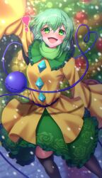 Rule 34 | 1girl, black thighhighs, blurry, blurry background, blush, buttons, christmas tree, diamond button, eyeball, floral print, frilled shirt collar, frilled sleeves, frills, green eyes, green hair, green skirt, heart, heart of string, highres, komeiji koishi, long sleeves, looking at another, open mouth, outdoors, ribbon, rose print, scarf, shirt, skirt, smile, snow, solo, thighhighs, third eye, touhou, wide sleeves, yellow shirt, yosshy