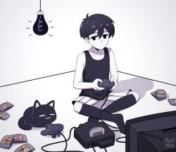 Rule 34 | 1boy, absurdres, animal, aoiro arts, artist name, black cat, black eyes, black hair, black shirt, black socks, cable, cat, closed mouth, colored skin, commentary, controller, crt, english commentary, expressionless, game cartridge, game console, game controller, hair between eyes, highres, holding, holding controller, holding game controller, jitome, kneehighs, light bulb, mewo, nintendo 64, nintendo 64 controller, omori, omori (omori), shirt, short hair, shorts, sitting, sleeveless, sleeveless shirt, socks, striped clothes, striped shorts, television, vertical-striped clothes, vertical-striped shorts, white shorts, white skin