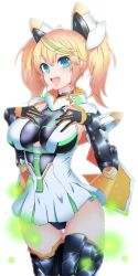 Rule 34 | black panties, black thighhighs, blonde hair, blue eyes, blush, breasts, commentary request, cowboy shot, gene (pso2), hair between eyes, large breasts, looking at viewer, multicolored hair, open mouth, panties, phantasy star, phantasy star online 2, semikichi, simple background, smile, solo, streaked hair, tagme, thighhighs, thighs, twintails, two-tone hair, underwear, white background, zettai ryouiki