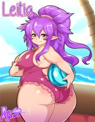 Rule 34 | 1girl, agawa ryou, artist name, ass, ball, blue eyes, breasts, fat, female focus, from behind, huge ass, large breasts, long hair, looking back, ocean, one-piece swimsuit, outdoors, pointy ears, ponytail, purple hair, purple one-piece swimsuit, solo, standing, summer, swimsuit, thick thighs, thighs