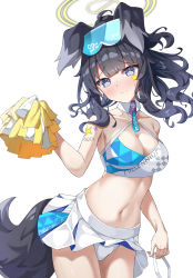 Rule 34 | 1girl, absurdres, animal ears, bare arms, bare shoulders, black hair, blue archive, blue eyes, blush, breasts, cheerleader, cleavage, closed mouth, collarbone, commentary request, dog ears, dog girl, dog tail, facial mark, goggles, goggles on head, halo, head tilt, hibiki (blue archive), hibiki (cheer squad) (blue archive), highres, holding, kd (kdh45689), long hair, medium breasts, millennium cheerleader outfit (blue archive), navel, official alternate costume, panties, pleated skirt, pom pom (cheerleading), ponytail, simple background, skirt, solo, star (symbol), stomach, tail, underwear, white background, white panties, white skirt
