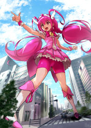Rule 34 | 1girl, absurdres, armpits, blue sky, boots, building, car, choker, city, cloud, cure happy, day, earrings, from above, giant, giantess, highres, hoshizora miyuki, jewelry, knee boots, long hair, magical girl, motor vehicle, open mouth, outdoors, pink choker, pink shirt, pink shorts, pink skirt, pleated skirt, pointing, precure, pukara, road, shirt, shorts, shorts under skirt, skirt, sky, sleeveless, sleeveless shirt, smile, smile precure!, solo, street, tiara, traffic light