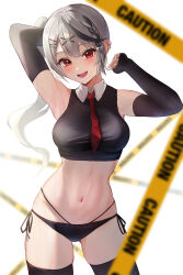 Rule 34 | 1girl, absurdres, alternate costume, black gloves, black hair, black panties, black shirt, black thighhighs, blush, braid, breasts, caution tape, collared shirt, cropped shirt, elbow gloves, fang, fingerless gloves, gloves, grey hair, hair ornament, hairpin, highres, hololive, ky00, large breasts, long hair, looking at viewer, multicolored hair, necktie, open mouth, panties, red eyes, red necktie, sakamata chloe, shirt, side-tie panties, side ponytail, single braid, smile, streaked hair, thighhighs, underwear, virtual youtuber, x hair ornament