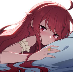 Rule 34 | 1girl, ahoge, backlighting, bare shoulders, child (isoliya), closed mouth, commentary request, eris greyrat, eyes visible through hair, frills, hair flaps, jewelry, long hair, looking at viewer, lying, mushoku tensei, on stomach, pillow, pout, red eyes, red hair, ring, simple background, solo, v-shaped eyebrows, white background