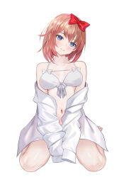 Rule 34 | 1girl, absurdres, bikini, blue eyes, blush, bow, collarbone, commentary, doki doki literature club, english commentary, full body, head tilt, highres, kneeling, long sleeves, navel, pink hair, red bow, sayori (doki doki literature club), shirt, short hair, simple background, sleeves past fingers, sleeves past wrists, smile, solo, swimsuit, white background, white bikini, white shirt, yami (rear4742)