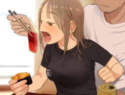 Rule 34 | 1boy, 1girl, banned artist, beer can, black shirt, breasts, brown hair, can, chopsticks, closed mouth, drink can, feeding, food, half-closed eyes, hetero, holding, holding chopsticks, holding food, large breasts, long hair, masuda (yousaytwosin), open mouth, orange eyes, original, shirt, short sleeves, sitting, sitting on lap, sitting on person, solo focus, sushi, tongue, tongue out, white shirt