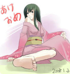 Rule 34 | 00s, 1girl, 2008, akeome, arm support, bare shoulders, barefoot, blush, dated, feet, floral print, foreshortening, green eyes, green hair, grin, happy new year, japanese clothes, kimono, long hair, looking at viewer, matching hair/eyes, new year, obi, off shoulder, on floor, sash, sidelocks, sitting, sketch, smile, soles, solo, takenaka hideo, tatami, wide sleeves