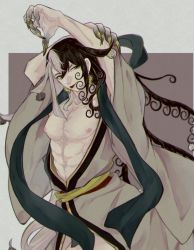 Rule 34 | 1boy, abs, androgynous, ashiya douman (fate), asymmetrical clothes, asymmetrical hair, bare pectorals, bell, black eyes, black hair, collarbone, commentary request, curly hair, earrings, eyelashes, eyeshadow, fate/grand order, fate (series), fingernails, green eyeshadow, green lips, green nails, hadanugi dousa, hair bell, hair between eyes, hair intakes, hair ornament, heian, highres, japanese clothes, jewelry, jitome, kimono, koikakoimoku, licking lips, long hair, looking at viewer, magatama, magatama earrings, makeup, male focus, multicolored hair, nail polish, naughty face, nipples, official alternate costume, onmyouji, open clothes, open kimono, pectorals, sharp fingernails, simple background, solo, stretching, thighs, toned, toned male, tongue, tongue out, traditional clothes, two-tone hair, undressing, very long fingernails, very long hair, white hair, wide sleeves