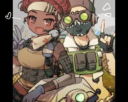 Rule 34 | 1boy, 1girl, \m/, animification, apex legends, arm tattoo, artist name, belt, black gloves, black headwear, black pants, black shirt, blue gloves, brown belt, brown tank top, cable, chinese commentary, cropped shirt, cropped vest, d.o.c. health drone, dark-skinned female, dark skin, dazeroyuu, detached sleeves, fingerless gloves, freckles, gloves, goggles, green vest, headband, headset, highres, letterboxed, lifeline (apex legends), looking at viewer, mask, mask around neck, non-humanoid robot, octane (apex legends), pants, red eyes, red hair, robot, shirt, smile, tank top, tattoo, v, vest, white headband, white shirt