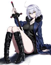 Rule 34 | 1girl, ahoge, bad id, bad pixiv id, black dress, blue coat, boots, breasts, coat, dress, fate/grand order, fate (series), fur-trimmed coat, fur trim, high heel boots, high heels, highres, jeanne d&#039;arc (fate), jeanne d&#039;arc alter (fate), jeanne d&#039;arc alter (ver. shinjuku 1999) (fate), jewelry, knee boots, knees up, large breasts, looking at viewer, necklace, nozoyuki, official alternate costume, open clothes, open coat, short dress, silver hair, simple background, sitting, smile, solo, sword, thighs, weapon, white background, wicked dragon witch ver. shinjuku 1999, yellow eyes