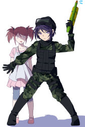 Rule 34 | 10s, 2girls, aged down, alternate color, alternate costume, alternate form, alternate hair color, alternate hairstyle, arm up, arms behind back, bad id, bad pixiv id, beanie, black hair, blue legwear, boots, calf boots, camouflage, camouflage jacket, camouflage pants, child, collarbone, combat vest, danganronpa, danganronpa/zero, danganronpa: trigger happy havoc, danganronpa (series), dress, drooling, enoshima junko, fighting stance, freckles, frilled shorts, frills, gloves, goggles, goggles on head, goggles on headwear, hair ornament, hat, ikusaba mukuro, jacket, leg holster, mary janes, military, military uniform, multiple girls, okuragon, open mouth, otonashi ryouko, outstretched arm, outstretched hand, pants, pouch, pouches, protecting, purple eyes, red hair, shirt, shoes, short hair, shorts, shorts under dress, siblings, simple background, sisters, standing, teeth, twins, twintails, uniform, water gun, white background, white shirt, woman soldier