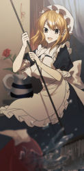 Rule 34 | 1girl, absurdres, apron, ascot, back bow, black dress, black eyes, blonde hair, bow, cleaning maid (touhou), collared dress, cowboy shot, dress, fang, frilled apron, frilled dress, frilled sleeves, frills, hat, highres, maid, maid apron, mob cap, open mouth, otoshiro kosame, portrait of exotic girls, puffy short sleeves, puffy sleeves, short hair, short sleeves, skin fang, sweatdrop, touhou, white ascot, white bow, white hat