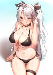 Rule 34 | 1girl, :q, absurdres, azur lane, bare arms, bare shoulders, bikini, black bikini, black choker, black ribbon, blush, breasts, brown eyes, choker, cleavage, closed mouth, collarbone, commentary request, groin, hair between eyes, hair ribbon, hand up, highres, large breasts, long hair, moyoron, multicolored hair, navel, parted bangs, prinz eugen (azur lane), prinz eugen (unfading smile) (azur lane), red hair, ribbon, side-tie bikini bottom, skindentation, smile, solo, streaked hair, swimsuit, thigh gap, thigh strap, tongue, tongue out, two side up, very long hair, white hair