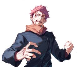 Rule 34 | 1boy, black plume, blood, blood on clothes, highres, itadori yuuji, jujutsu kaisen, jujutsu tech uniform, looking at viewer, open mouth, pink hair, short hair, simple background, solo, spiked hair, undercut, upper body, white background