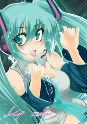 Rule 34 | 1girl, cum, cum in mouth, cum on tongue, detached sleeves, facial, green eyes, green hair, green nails, happy, hatsune miku, headset, long hair, matching hair/eyes, nail polish, solo, tongue, twintails, vocaloid