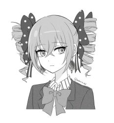 Rule 34 | 1girl, bow, bronya zaychik, bronya zaychik (wolf&#039;s dawn), closed mouth, collared shirt, commentary, cropped torso, dress shirt, drill hair, earrings, greyscale, hair between eyes, hair bow, honkai (series), honkai impact 3rd, jacket, jewelry, monochrome, open clothes, open jacket, polka dot, polka dot bow, shirt, simple background, solo, striped clothes, striped shirt, twin drills, twintails, twitter username, vertical-striped clothes, vertical-striped shirt, white background, yuhuria 52