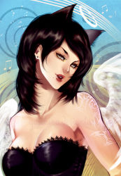Rule 34 | 1girl, angel wings, animal ears, bare shoulders, black hair, breasts, cat ears, cleavage, collarbone, dress, earrings, grey eyes, halo, jewelry, lips, lipstick, makeup, medium breasts, mole, mole under mouth, musical note, original, slit pupils, solo, strapless, strapless dress, watermark, wings, yaichino