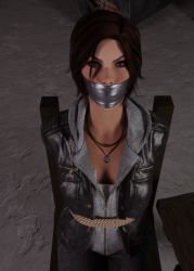 Rule 34 | 1girl, 3d, arms behind back, bdsm, bondage, bound, breasts, brown eyes, brown hair, gag, gagged, improvised gag, iorel-renders, jewelry, lara croft, looking at viewer, necklace, tape, tape gag, tied to chair, tomb raider