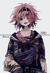 Rule 34 | absurdres, androgynous, azzz (7334080), bad id, bad twitter id, gender request, grey background, hair ornament, hair over one eye, hairband, hairclip, hand in pocket, highres, looking at viewer, open mouth, original, pink hair, short hair, simple background, smile, solo, twitter username, upper body