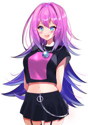 Rule 34 | 1girl, :d, absurdres, arms behind back, bad id, bad pixiv id, black shirt, black skirt, blue eyes, breasts, commission, cowboy shot, crop top, crop top overhang, garter straps, gradient hair, heart, highres, jewelry, long hair, looking at viewer, medium breasts, midriff, miniskirt, multicolored hair, navel, necklace, nenobi (nenorium), open mouth, original, pink hair, pixiv commission, pleated skirt, shirt, short sleeves, simple background, skirt, smile, solo, stomach, thighhighs, very long hair, white background, zettai ryouiki