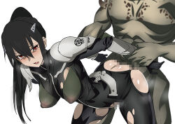 Rule 34 | 1boy, 1girl, arms behind back, ashiro mina, bent over, black hair, blush, bodysuit, censored, clothed female nude male, clothed sex, cowboy shot, crying, crying with eyes open, defeat, from side, gloves, hair ornament, hairclip, heroine in trouble, hetero, kaijuu no. 8, kaijuu no. 9, leaning forward, long hair, looking at viewer, monster, mosaic censoring, nipples, nude, ponytail, rape, red eyes, restrained, see-through, sex, sex from behind, soldier, standing, standing sex, tears, toranpo rintarou, torn bodysuit, torn clothes, white background