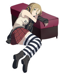 Rule 34 | 10s, 1girl, belt, blonde hair, clothes writing, green eyes, headphones, idolmaster, idolmaster cinderella girls, kenja tori, lying, off shoulder, short hair, skirt, sleeves past wrists, solo, striped clothes, striped thighhighs, tada riina, tank top, thighhighs, white background