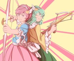 Rule 34 | 2girls, arrow (projectile), back-to-back, blouse, blue shirt, bow, bow (weapon), collar, commentary, cowboy shot, crossbow, frilled collar, frilled sleeves, frills, green eyes, green hair, green skirt, hair ornament, hairband, heart, heart-shaped arrow, heart hair ornament, komeiji koishi, komeiji satori, looking at viewer, mefomefo, multiple girls, pink background, pink eyes, pink hair, pink skirt, shirt, short hair, siblings, sisters, skirt, smile, touhou, weapon, white bow, white hairband, wide sleeves, wing hair ornament, yellow background, yellow shirt