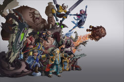 Rule 34 | 3others, 4girls, 6+boys, :o, armor, bakko (battlerite), battlerite, blossom (battlerite), bodysuit, brown footwear, card throwing, cloak, club (weapon), croak (battlerite), dual wielding, ezmo (battlerite), freya (battlerite), glowing, glowing eyes, green eyes, gun, hat, highres, holding, holding club, holding staff, holding sword, holding weapon, hooves, horns, hourglass, iiinoodlesiii, jumping, large pectorals, long sleeves, midriff, multiple boys, multiple girls, multiple others, nose piercing, nose ring, oldur (battlerite), orange eyes, pearl (battlerite), pectorals, piercing, poloma (battlerite), rook (battlerite), sitting on shoulder, staff, sword, thorn (battlerite), top hat, varesh (battlerite), weapon, zander (battlerite)