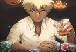 Rule 34 | 1boy, bakugou katsuki, black background, blonde hair, boku no hero academia, card, collarbone, collared shirt, commentary, english commentary, glass, hair between eyes, highres, holding, indoors, long sleeves, looking at viewer, male focus, parted lips, playing card, poker chip, red eyes, shirt, solo, spiked hair, trubwlsum, upper body, white shirt, wing collar