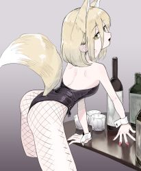 Rule 34 | 1girl, alcohol, animal ears, arm support, ass, black leotard, blonde hair, breasts, clothing cutout, cropped legs, fishnet pantyhose, fishnets, fox ears, fox girl, fox tail, frogsnake, from behind, glass, hair between eyes, highleg, highleg leotard, kudamaki tsukasa, leaning forward, leotard, looking at viewer, looking back, medium hair, nail polish, pantyhose, red nails, small breasts, solo, strapless, strapless leotard, tail, tail through clothes, touhou, wrist cuffs, yellow eyes