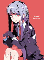 Rule 34 | 1girl, absurdres, asa me daiki, black gloves, black jacket, black skirt, braid, brown necktie, closed mouth, collared shirt, commentary request, danganronpa: trigger happy havoc, danganronpa (series), dated, feet out of frame, gloves, hair ribbon, happy birthday, highres, invisible chair, jacket, kirigiri kyoko, long hair, long sleeves, looking at viewer, necktie, open clothes, open jacket, own hands together, pleated skirt, red background, ribbon, shirt, side braid, sitting, skirt, smile, solo, white shirt