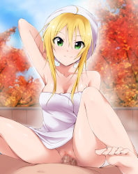 Rule 34 | 10s, 1boy, 1girl, ahoge, arm up, armpits, bare shoulders, barefoot, blonde hair, blush, breasts, censored, cleavage, clothed sex, cowgirl position, feet, girl on top, green eyes, happy sex, hetero, highres, hoshii miki, idolmaster, idolmaster (classic), idolmaster million live!, kaiga, long hair, looking at viewer, mixed-sex bathing, mosaic censoring, naked towel, nude, penis, pov, pussy, sex, shared bathing, smile, solo focus, spread legs, steam, straddling, toes, towel, towel on head, vaginal, wet