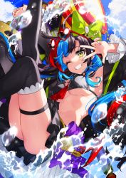 Rule 34 | 1girl, ;d, armpit peek, armpits, arms up, ascot, ass, bare shoulders, between breasts, bikini, bikini top only, black bikini, black coat, black hair, black skirt, black thighhighs, blue hair, bow, breasts, coat, eyewear on head, fate/grand order, fate (series), grin, hair bow, heart, heart-shaped eyewear, legs up, long sleeves, mallet, medium breasts, mika pikazo, miniskirt, multicolored hair, navel, off shoulder, official art, one eye closed, open clothes, open coat, open mouth, pleated skirt, purple bow, red-framed eyewear, red ascot, red hair, revealing clothes, sailor collar, sei shounagon (fate), sei shounagon (swimsuit berserker) (third ascension) (fate), sidelocks, skindentation, skirt, smile, solo, stomach, string bikini, sunglasses, swimsuit, thigh strap, thighhighs, thighs, two-tone hair, w, water, wet, yellow eyes