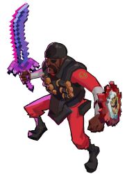 Rule 34 | 1boy, absurdres, ammunition belt, black footwear, black hat, boots, commentary, dark-skinned female, dark skin, demoman (tf2), english commentary, explosive, eyepatch, facial hair, grenade, hat, highres, holding, holding sword, holding weapon, long sleeves, male focus, mustache, pants, red demoman (tf2), red pants, red shirt, shaw9987, shield, shirt, simple background, solo, standing, sword, team fortress 2, terraria, weapon, white background