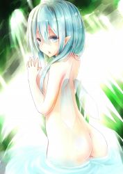 Rule 34 | 1girl, aqua eyes, aqua hair, ass, bad id, bad pixiv id, breasts, highres, neko sensha, nude, open mouth, original, partially submerged, pointy ears, small breasts, solo, standing, wading, wings