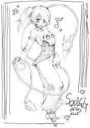 Rule 34 | 1girl, breasts, character name, detached collar, detached sleeves, fukuitakumi, full body, greyscale, hair over one eye, leviathan (skullgirls), long hair, long skirt, monochrome, musical note, no shoes, non-web source, quaver, side ponytail, sideboob, sketch, skirt, skull, skullgirls, small breasts, smile, socks, solo, squigly (skullgirls), stitched mouth, stitches, striped clothes, striped legwear, striped sleeves, striped socks, zombie