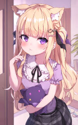 Rule 34 | 1girl, :t, absurdres, animal ear fluff, animal ears, black ribbon, black skirt, blonde hair, blush, breasts, brown footwear, closed mouth, collared shirt, commentary request, frilled shirt collar, frills, hair ornament, hand up, heart, heart hair ornament, highres, holding, indoors, long hair, masaki (msk064), nail polish, neck ribbon, plaid, plaid skirt, pout, puffy short sleeves, puffy sleeves, purple eyes, purple nails, purple shirt, re:act, ribbon, sandals, unworn sandals, shirt, short sleeves, skirt, small breasts, solo, standing, tsukushi aria, two side up, very long hair, virtual youtuber