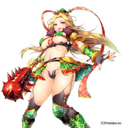 Rule 34 | 1girl, :d, armor, bikini armor, blonde hair, breasts, club, club (weapon), fingerless gloves, front-tie top, fur, gloves, greaves, hat, hizuki akira, huge breasts, jewelry, long hair, lots of jewelry, navel, open mouth, orange eyes, pauldrons, polearm, shoulder armor, simple background, smile, solo, spiked club, thighhighs, underboob, weapon, white background