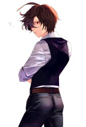 Rule 34 | 1boy, ?, ahoge, ass, belt, bishounen, black pants, black vest, brown hair, commentary, commentary request, cowboy shot, formal, from behind, granblue fantasy, hair between eyes, male focus, messy hair, pants, red eyes, sandalphon (granblue fantasy), short hair, simple background, sleeves rolled up, solo focus, sub nonino, suit, tight clothes, tight pants, vest, white background