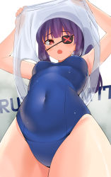 Rule 34 | 1girl, :o, armpits, arms up, blue one-piece swimsuit, blush, clothes lift, covered navel, eyepatch, from below, highres, long hair, looking down, meettheton, one-piece swimsuit, open mouth, original, purple hair, red eyes, school swimsuit, see-through, shirt, shirt lift, solo, swimsuit, thighs, twintails, wet, wet clothes, wet shirt, wet swimsuit, white shirt