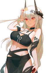 Rule 34 | 1girl, absurdres, arknights, arm up, bikini, black bikini, black choker, black horns, black skirt, breasts, choker, closed mouth, commentary request, cowboy shot, diamond (shape), hair ornament, hand in own hair, hand on own head, highres, holding, horns, jewelry, large breasts, long hair, looking at viewer, midriff, mori (user gdnz7828), mudrock (arknights), navel, orange eyes, pendant, pointy ears, see-through, see-through skirt, simple background, skirt, smile, solo, standing, starfish hair ornament, swimsuit, underboob, white background, white hair