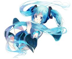 Rule 34 | 1girl, black thighhighs, blue eyes, blue hair, detached sleeves, hair ornament, hatsune miku, holding, holding hair, long hair, looking at viewer, matching hair/eyes, pleated skirt, simple background, skirt, solo, tatsumi3, thighhighs, twintails, vocaloid, white background