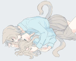 Rule 34 | 2girls, animal ears, blue eyes, blue shirt, blush, cat ears, cat girl, cat tail, closed mouth, collared shirt, commentary request, cowboy shot, girl on top, grey background, grey hair, grey skirt, hand in another&#039;s hair, inutose, licking, licking another&#039;s face, long hair, long sleeves, lying, multiple girls, on back, open collar, open mouth, original, playing with another&#039;s ears, pleated skirt, shirt, shirt tucked in, short hair, simple background, skirt, tail, yuri