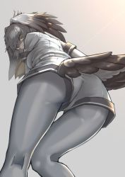 Rule 34 | 10s, 1girl, artist request, ass, back, bent over, bird girl, black hair, blouse, bodysuit, breasts, cowboy shot, from behind, from below, grey shirt, grey theme, head wings, kemono friends, kneepits, layered sleeves, long sleeves, looking at viewer, looking back, looking down, multicolored hair, pantyhose, pantylines, shiny clothes, shirt, shoebill (kemono friends), short hair, short over long sleeves, short sleeves, shorts, silver hair, skin tight, solo, standing, tail, upshorts, wide-eyed, wings