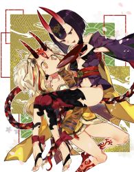 Rule 34 | 2girls, alcohol, bare shoulders, blonde hair, blunt bangs, commentary request, cup, drinking, facial mark, fang, fate/grand order, fate (series), hair ornament, highres, holding, horns, ibaraki douji (fate), japanese clothes, kimono, long hair, multiple girls, purple eyes, purple hair, rope, sakazuki, sake, shimenawa, short hair, short kimono, shuten douji (fate), skin-covered horns, smile, tattoo, wide sleeves, ya 4004, yellow eyes