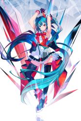 Rule 34 | 1girl, absurdly long hair, armpits, arms up, black gloves, black thighhighs, blue eyes, blue hair, bow, bowtie, floating hair, full body, gloves, hatsune miku, heterochromia, highres, long hair, looking at viewer, monq, original, red bow, red eyes, smile, solo, standing, thighhighs, very long hair, vocaloid, zettai ryouiki