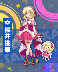Rule 34 | 1girl, ankle boots, bare shoulders, blonde hair, blush, boots, bow, character name, chibi, closed mouth, crossed legs, dot nose, dress, finger to mouth, flat chest, full body, green eyes, hair bow, hair ribbon, hand up, idolmaster, idolmaster cinderella girls, idolmaster cinderella girls starlight stage, idolmaster poplinks, imas poplinks, looking at viewer, multicolored background, multiple views, nail polish, off-shoulder dress, off shoulder, official art, pink dress, pink nails, pink scrunchie, polka dot, purple footwear, purple ribbon, ribbon, sakurai momoka, scrunchie, see-through, see-through sleeves, shadow, short hair, short sleeves, smile, sparkle, standing, star (symbol), striped clothes, striped dress, thigh scrunchie, triangle, wavy hair, white headdress, wrist scrunchie