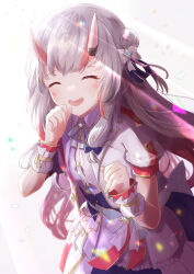 Rule 34 | 1girl, absurdres, blush, closed eyes, commentary request, confetti, hair between eyes, hair bun, hair ribbon, highres, hilamaru, hololive, hololive idol uniform (bright), horns, long hair, looking at viewer, multicolored hair, nakiri ayame, open mouth, red hair, ribbon, sidelocks, skin-covered horns, smile, solo, streaked hair, virtual youtuber, white background, white hair, wrist cuffs